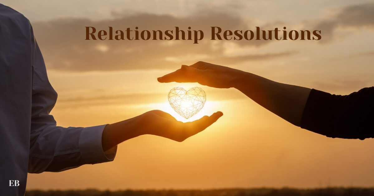 A couple holding a heart in the sunlight. Above is written Relationship Resolutions.