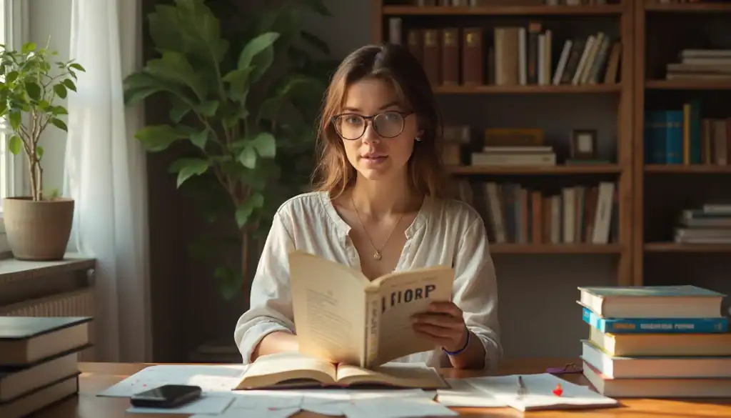 A person wearing glasses and a white blouse sits at a desk reading a book, with bookshelves and a potted plant in the background. The study space is warmly lit by natural light from a nearby window.
