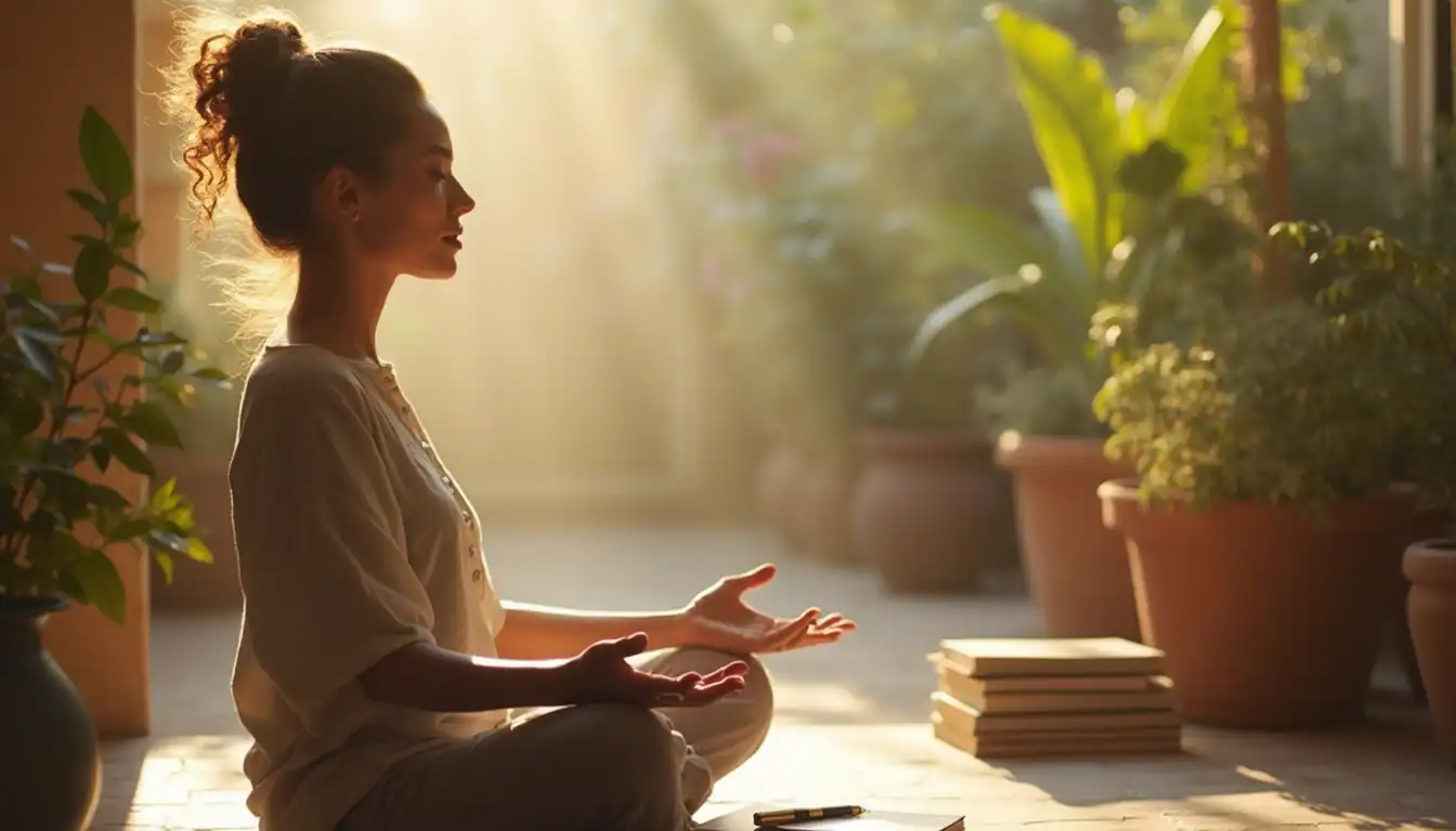 A person sits cross-legged in meditation pose on a sunlit floor, surrounded by potted plants. Golden afternoon light streams in, creating a peaceful atmosphere. A stack of books lies nearby, and they're wearing casual white clothing with their hair in a bun. Explaining one of the 24 personal development activities
