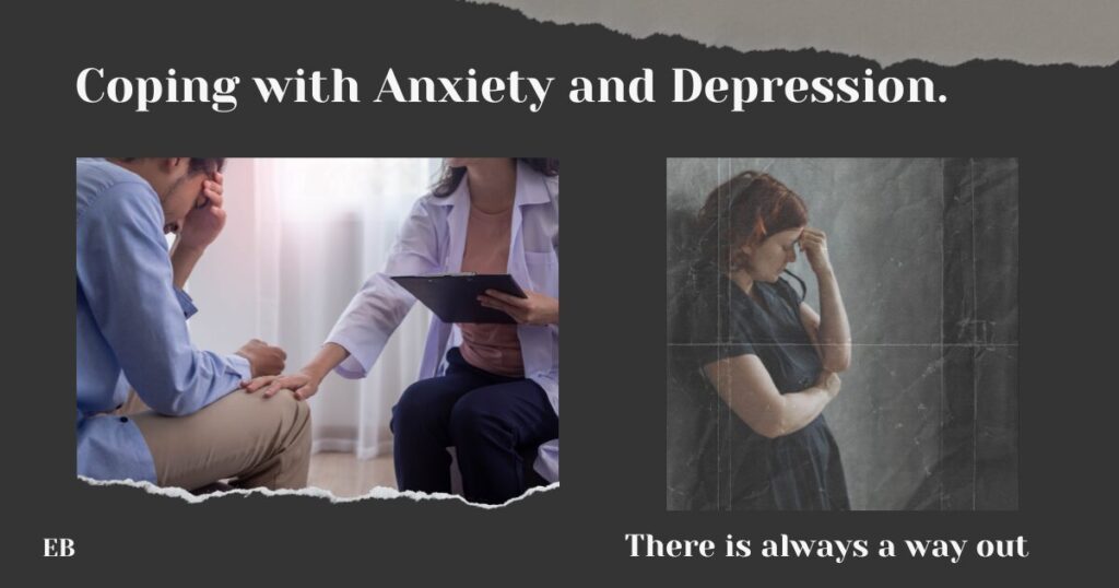 A person in distress sits with a therapist who offers support, and another person stands alone, appearing contemplative. The text reads "Coping with Anxiety and Depression. There is always a way out."