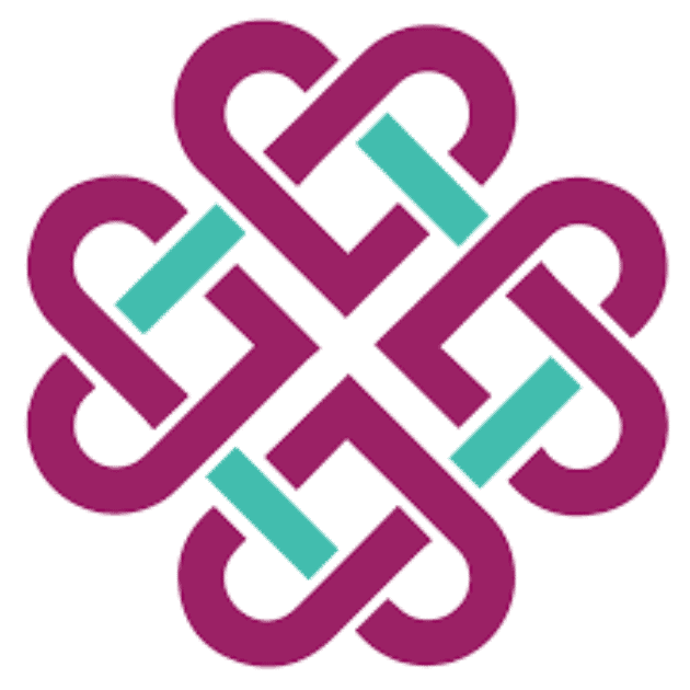 A logo for the Health Coach Institution featuring an intricate, symmetrical design in magenta and teal, resembling interlocking hearts and geometric shapes.