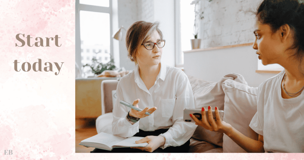 Two women engaged in a serious conversation, one holding a pen and notebook while the other holds a smartphone. The left side of the image displays the text "Start today" on a soft pink watercolor background.