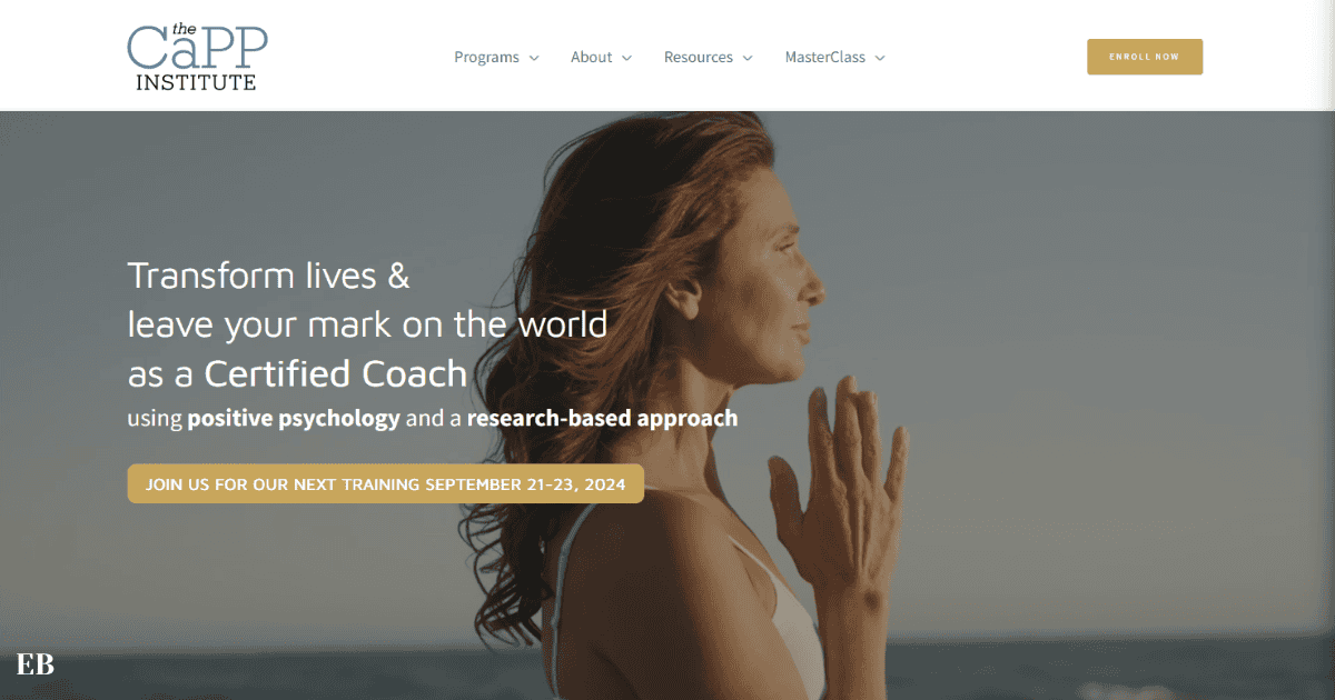 The CaPP Institute webpage banner featuring a woman in a meditative pose by the ocean. The headline reads 'Transform lives & leave your mark on the world as a Certified Coach using positive psychology and a research-based approach.' A call to action invites users to join the next training from September 21-23, 2024.