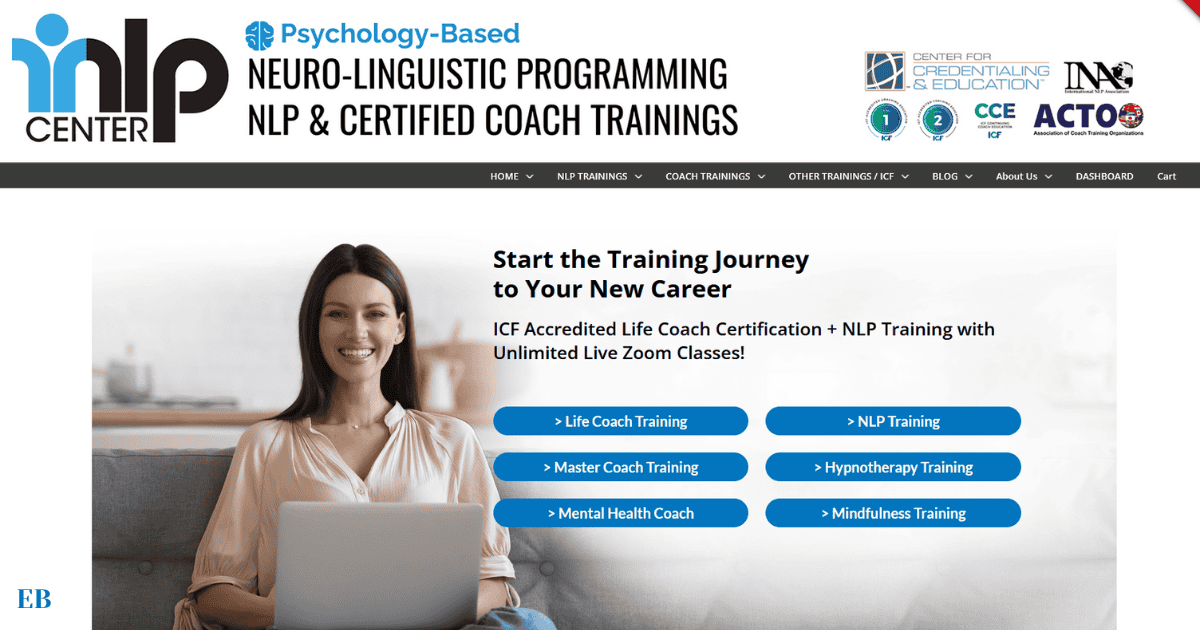 NLP Center webpage banner promoting neuro-linguistic programming (NLP) and certified coach trainings. The image features a smiling woman using a laptop. The text highlights the start of a training journey for a new career with ICF accredited life coach certification and NLP training, including unlimited live Zoom classes. Options for various trainings such as Life Coach, NLP, Master Coach, Hypnotherapy, Mental Health Coach, and Mindfulness Training are listed.