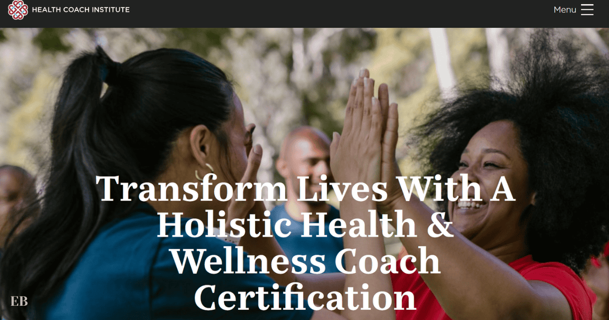 "Health Coach Institute webpage banner showing two women high-fiving with a headline that reads 'Transform Lives With A Holistic Health & Wellness Coach Certification.' The image depicts a joyful and energetic atmosphere, highlighting the positive impact of their certification program."
