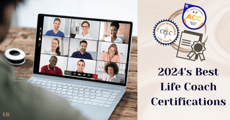 A laptop screen showing a video conference with eight participants, next to text and certification badges reading "2024's Best Life Coach Certifications."