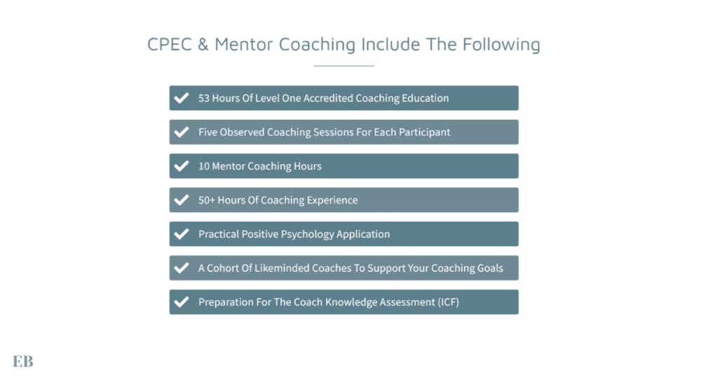 CPEC and Mentor Coaching program details, including 53 hours of level one accredited coaching education, five observed coaching sessions, 10 mentor coaching hours, 50+ hours of coaching experience, practical positive psychology application, a cohort of like-minded coaches, and preparation for the Coach Knowledge Assessment (ICF).