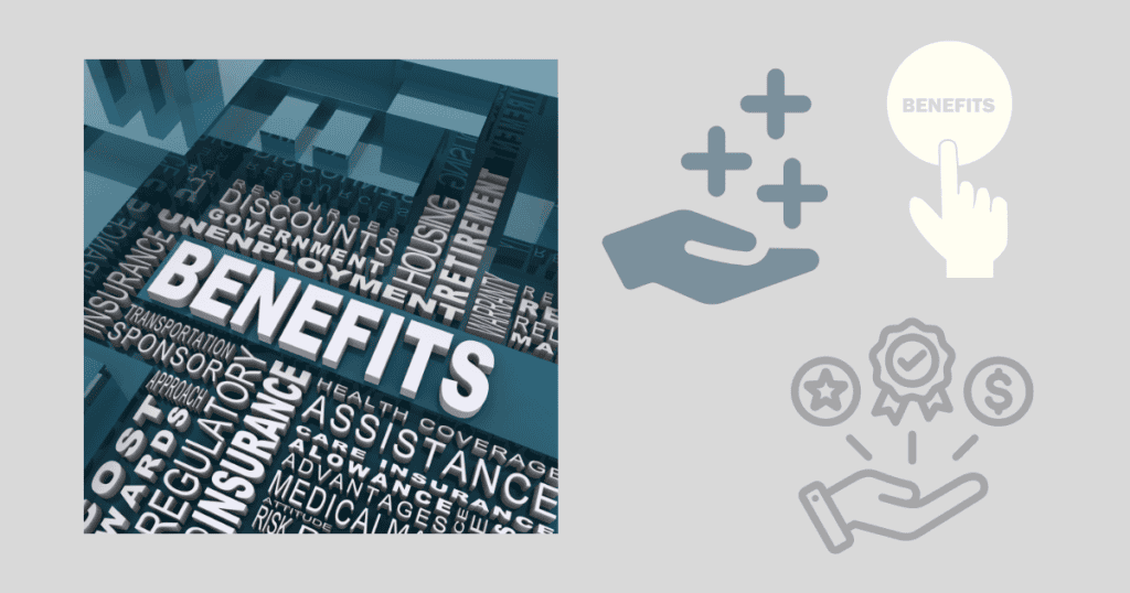 n the left, a dynamic 3D graphic features layered text related to benefits, such as insurance, government, and health coverage, in various shades of blue. On the right, a simplified graphic illustration shows symbols of a hand with plus signs, a button being pressed for benefits, and awards in hand, all in a minimalist style against a gray background, emphasizing concepts of financial and health benefits management.