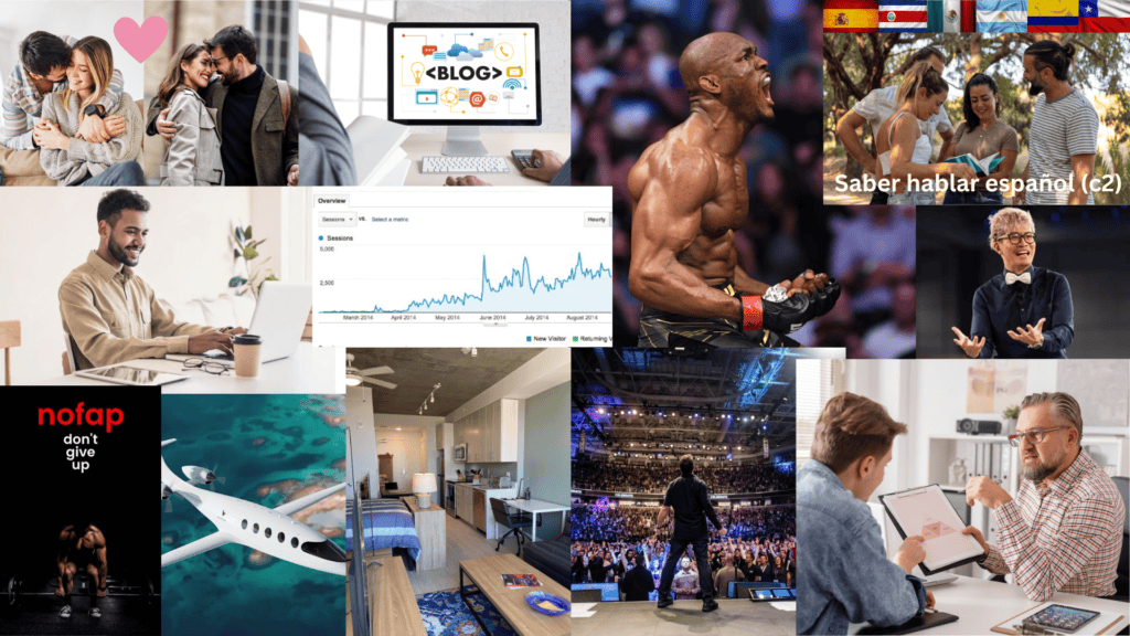 A collage of diverse scenes including a couple warmly embracing outdoors, a modern apartment interior with a kitchen and bedroom visible, a muscular athlete celebrating victoriously in a crowded arena, financial charts indicating growth, a woman teaching a young child outdoors, a motivational speaker engaging with an audience, a man presenting to a group in a business meeting, a woman working on a laptop in a minimalist home office, and icons representing blog and technology themes.