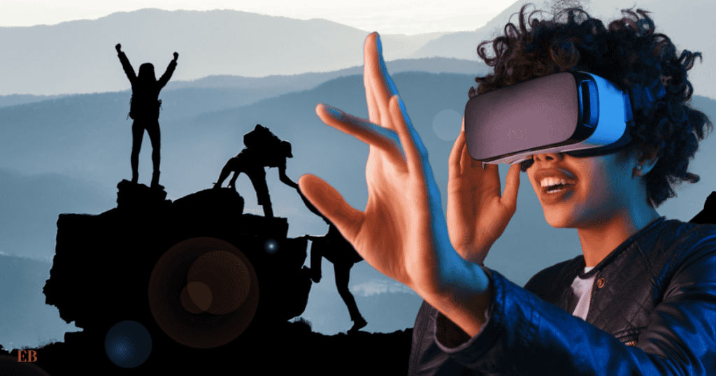 A split-image composition contrasting a virtual reality experience with outdoor adventure; on the left, a silhouette of a hiker celebrating triumphantly atop a mountain, while on the right, a joyful young woman wearing a VR headset extends her hands as if interacting with the virtual environment.