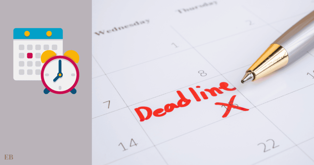 The image shows a calendar page with a day marked as "Deadline" written in red, with a red "X" crossing it off. A pen is resting on the calendar. On the left, there is an illustration of a clock and calendar icon, emphasizing the concept of time and scheduling.
