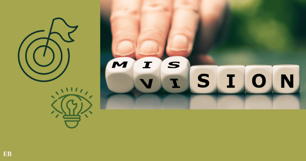 A conceptual design with a green background featuring two icons: a target with a flag and a light bulb with an eye, symbolizing goals and ideas. To the right, a hand adjusts dice spelling "MISSION" and "VISION," emphasizing focus on organizational objectives.
