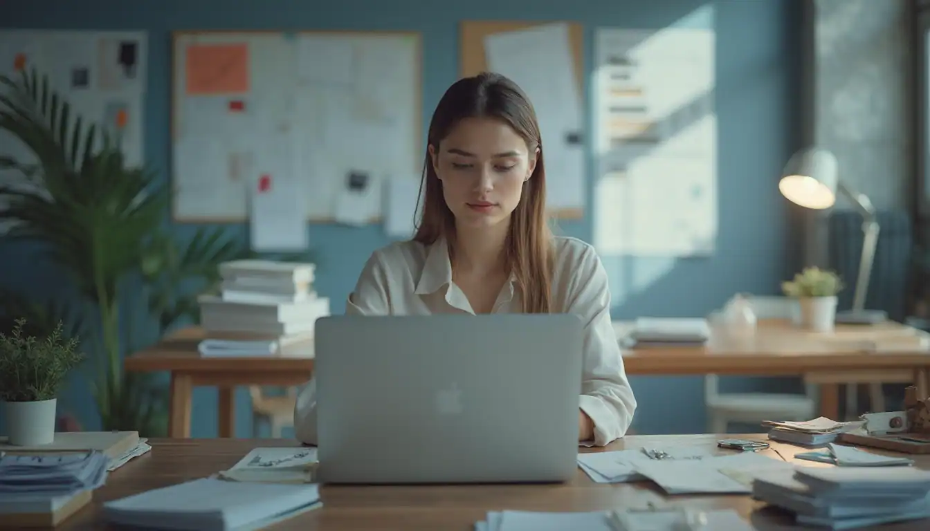A person in a white shirt working at a wooden desk with a MacBook laptop, surrounded by books and papers in a modern office space with blue walls and plants.
