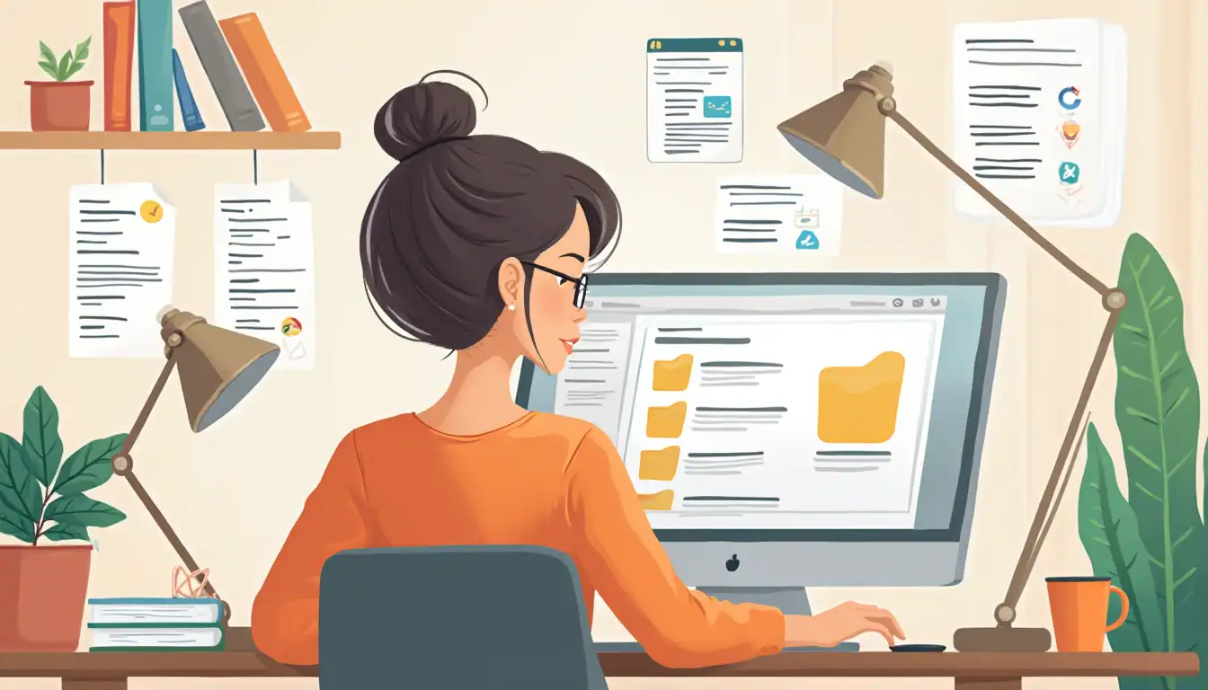 An illustration of a workspace showing someone in an orange sweater working at a computer desk. The desk is decorated with desk lamps, plants, books, and wall-mounted documents. The computer screen displays folder icons and document layouts.
