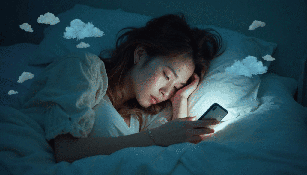 A person lying in bed at night looking at their glowing smartphone screen, with decorative white clouds floating in the dark blue background, creating a dreamy atmosphere.