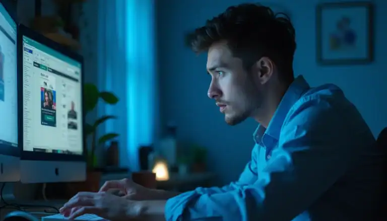 A person working late at night on an iMac computer in a dark room lit by blue screen light, wearing a casual button-up shirt.