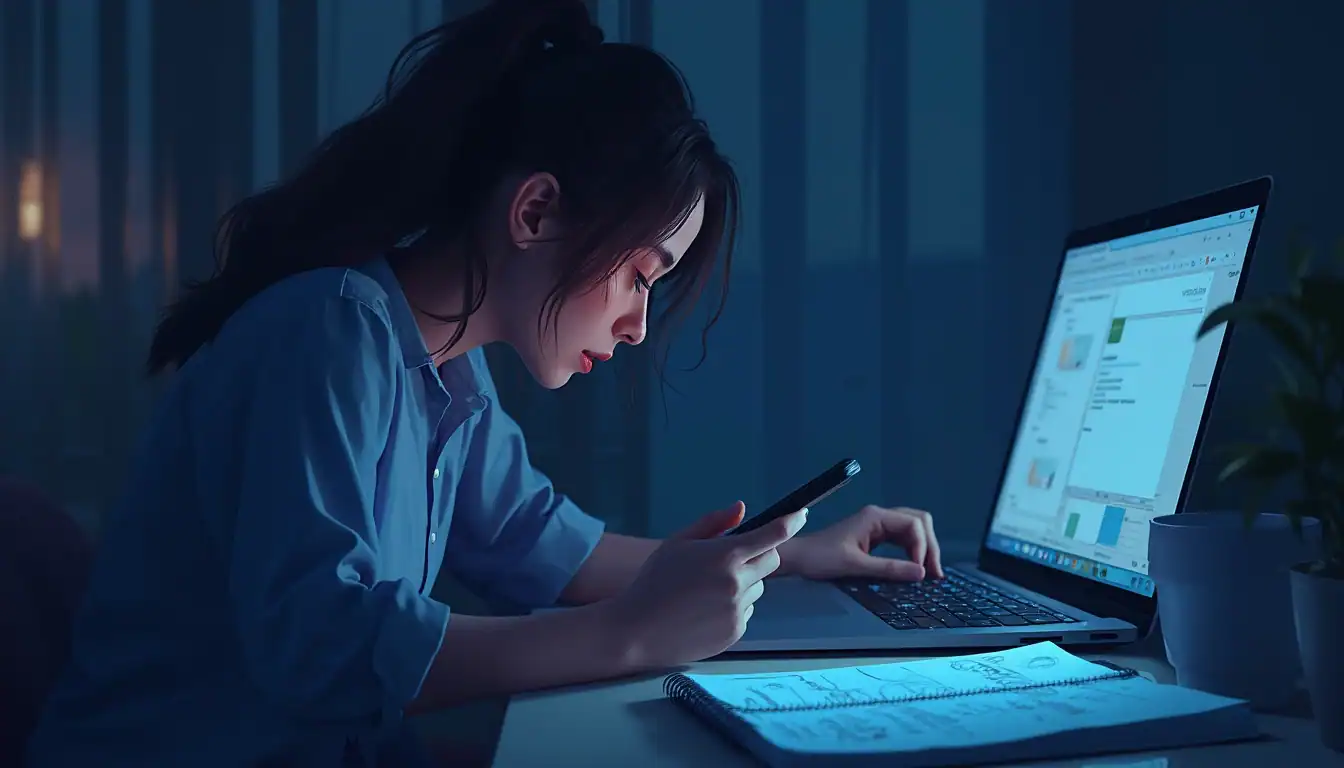 Digital illustration of a person working late at night, illuminated by the blue light of a laptop screen while checking their phone, with a notebook on the desk beside them.
