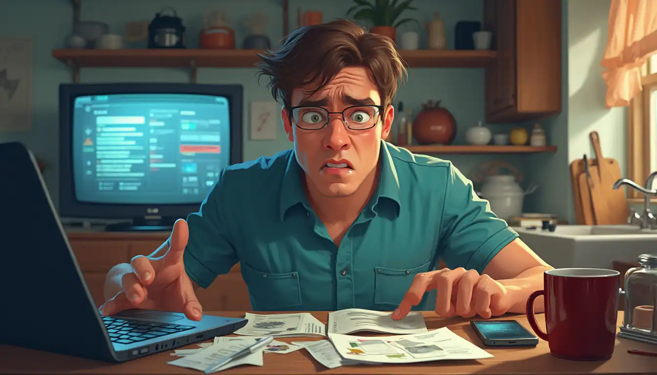 Digital illustration of a frustrated person wearing glasses and a teal shirt, sitting at a desk with scattered papers, a laptop, and a red coffee mug. A TV screen and kitchen shelves with various items are visible in the background.