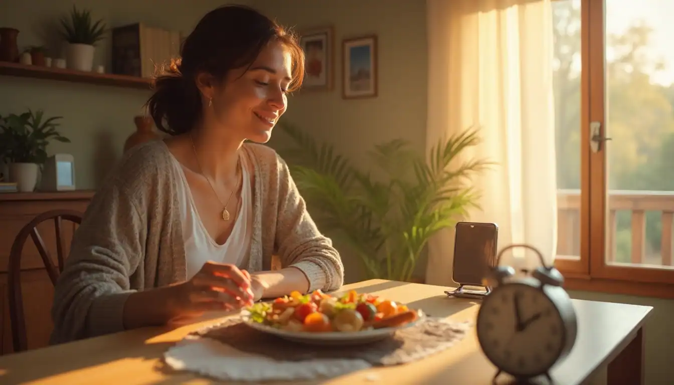 A person enjoying a healthy meal at a sunlit dining table, wearing a cozy beige cardigan over a white top. The scene includes houseplants, a smartphone stand, and an alarm clock, with warm golden sunlight streaming through the window.