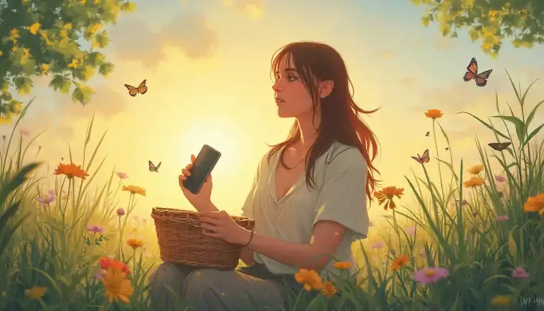Digital illustration of a serene sunset scene with a figure sitting in a wildflower meadow, holding a phone and wicker basket. Monarch butterflies flutter around orange and purple flowers while golden sunlight filters through yellow maple leaves above. Showing how a weekend digital detox can make you feel.