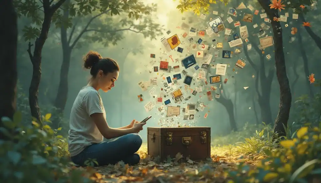 A person in a white t-shirt sits cross-legged in a misty forest, looking at a phone beside an open vintage trunk. Digital images, documents, and memories appear to float magically from the trunk into the air, creating a mystical scene illuminated by golden light filtering through the trees.