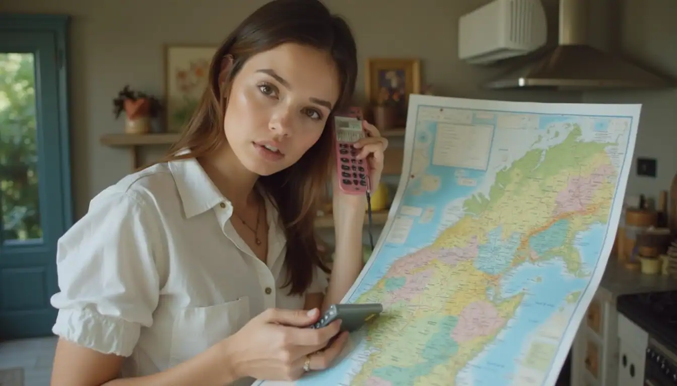 A person in a white blouse holds a pink calculator while examining a colorful map of New Zealand in a cozy home office setting with teal-colored window frames and decorative shelving in the background.