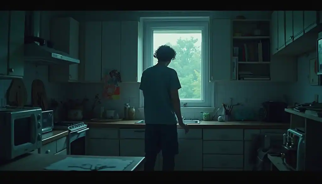 A silhouetted figure stands at a kitchen counter looking out through a window, cast in moody blue-green lighting. The kitchen has white cabinets and is filled with everyday appliances and items, creating a lived-in atmosphere.