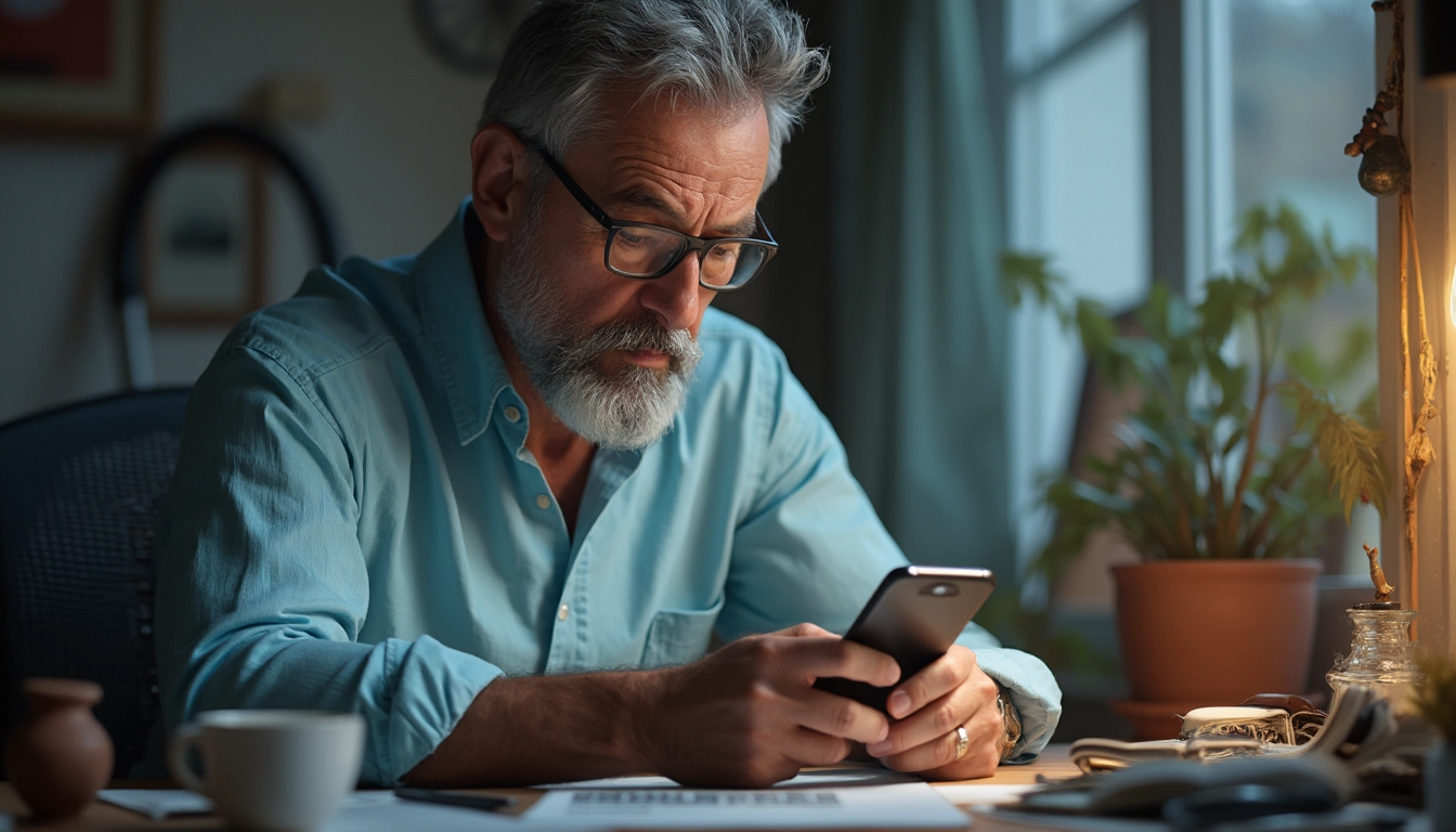 A person with gray hair and beard wearing glasses and a light blue shirt sits at a desk, focused on their smartphone. A coffee cup, papers, and houseplants are visible in the warmly lit home office setting.