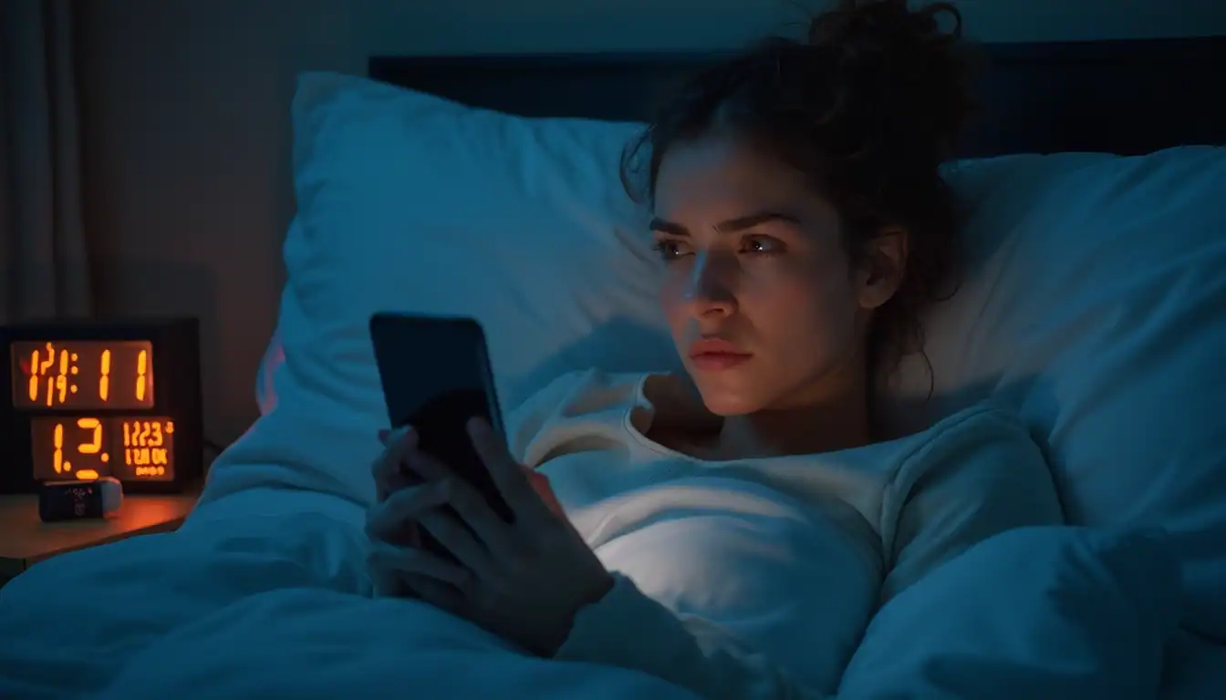 A person lying in bed at night looking at their phone, with a digital alarm clock showing 12:11 in orange numbers on the bedside table. The room is dimly lit with a blue glow from the phone screen.
