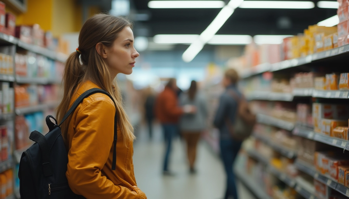 A person in a yellow jacket and black backpack stands in a grocery store aisle, looking at shelves while other shoppers browse in the background.