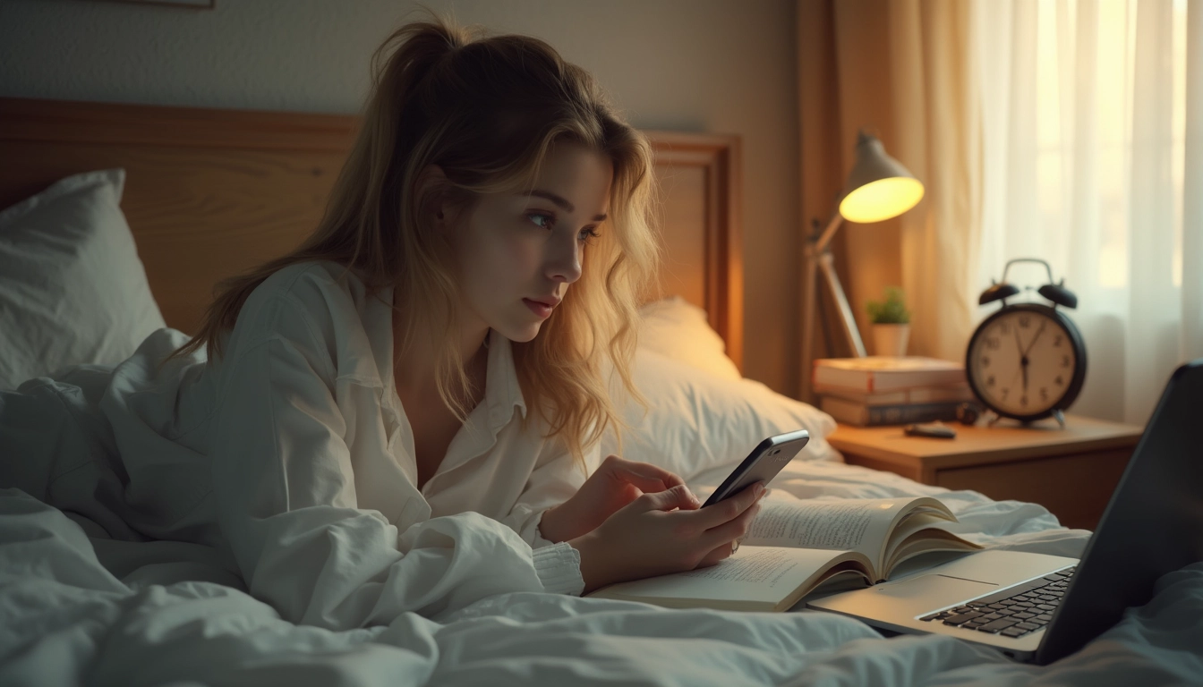 A person in a white shirt lies on a bed at night, looking at their phone while studying with an open book and laptop. A desk lamp and alarm clock are visible on the bedside table, creating a warm, ambient lighting in the room.