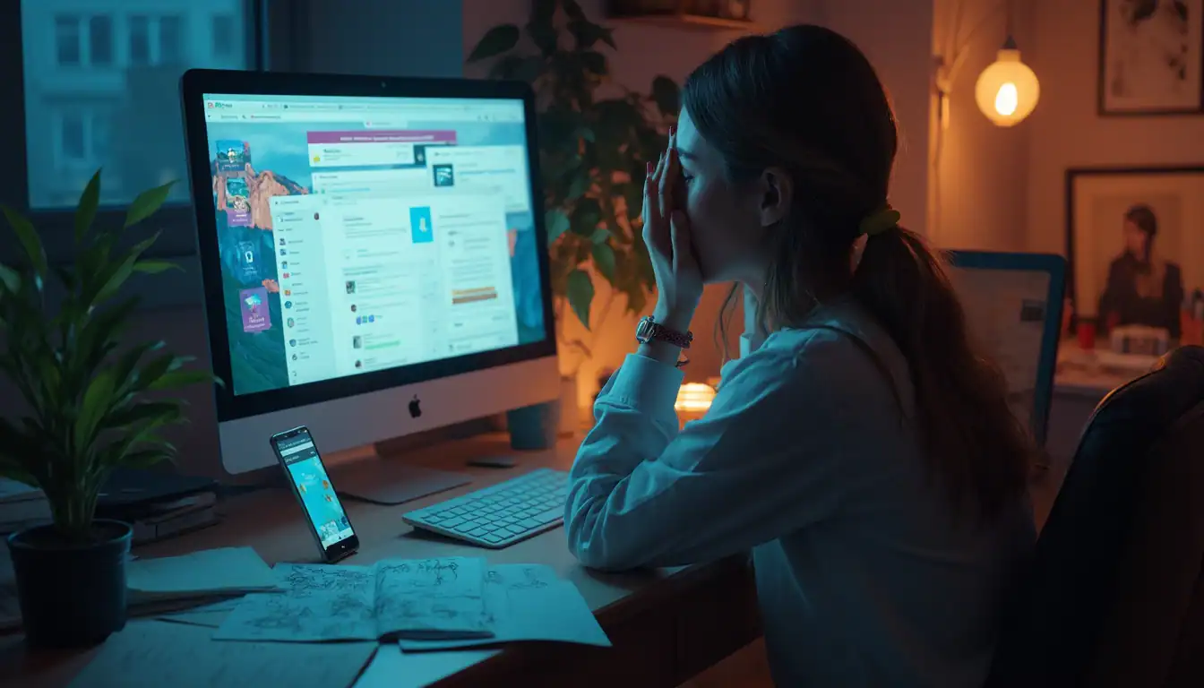 A person working late at night at a desk with an iMac computer and smartphone, lit by warm lamp light and cool blue screen glow. Papers with sketches are spread on the desk alongside a small potted plant.
