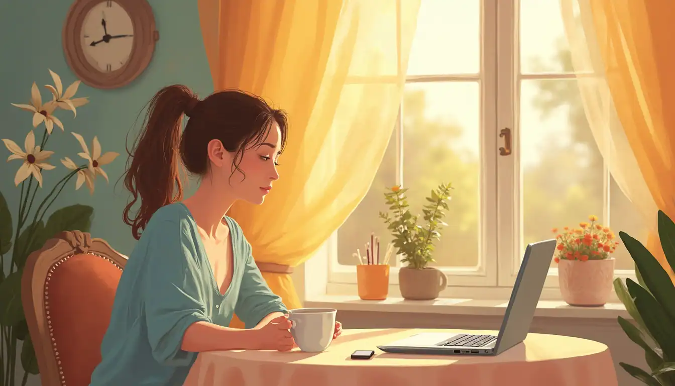 A digital illustration of a peaceful morning scene: a person in a turquoise shirt sits at a round table by a sunlit window, working on a laptop with a coffee cup in hand. The room features yellow curtains, potted plants on the windowsill, and a wall clock, creating a warm, cozy atmosphere. Showing the effect of a digital wellness plan.
