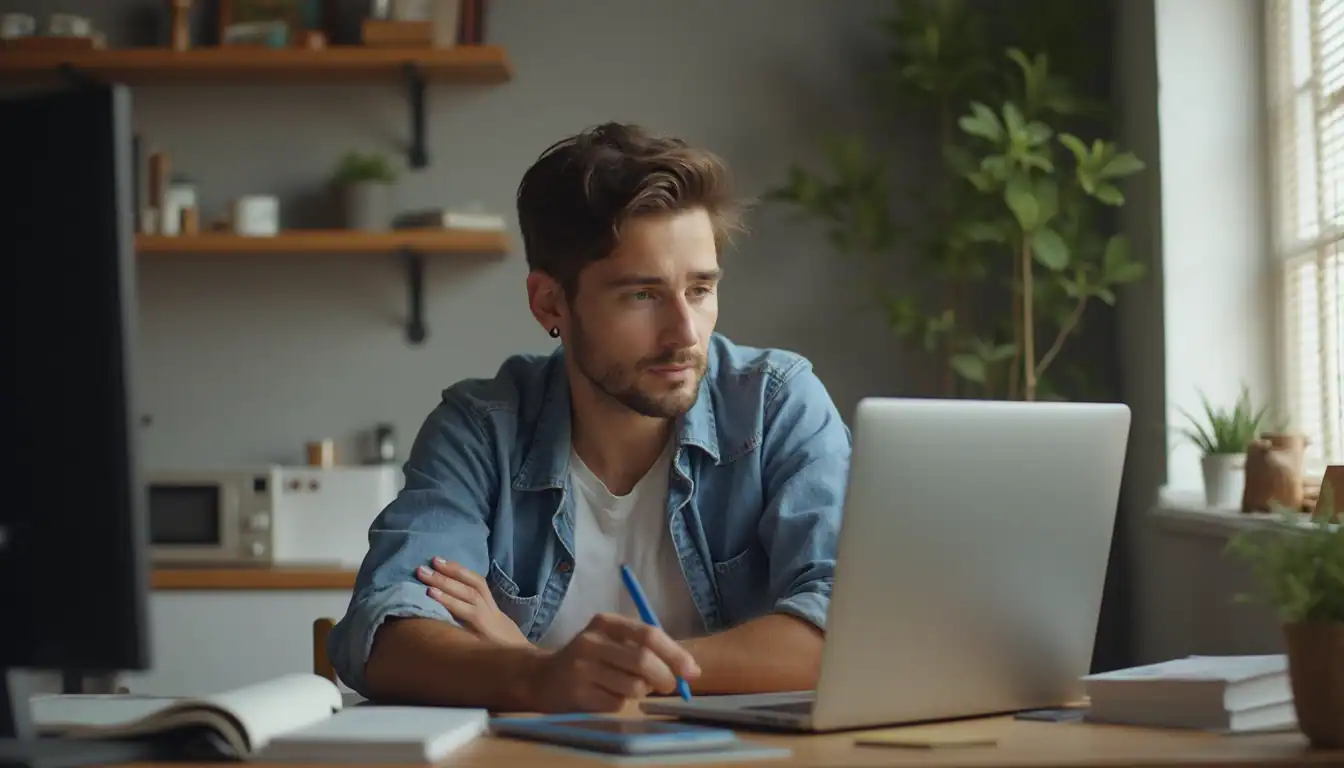 A person in a denim shirt working at a desk with a laptop, taking notes while sitting near a window in a modern kitchen setting with houseplants and wooden shelving in the background.
