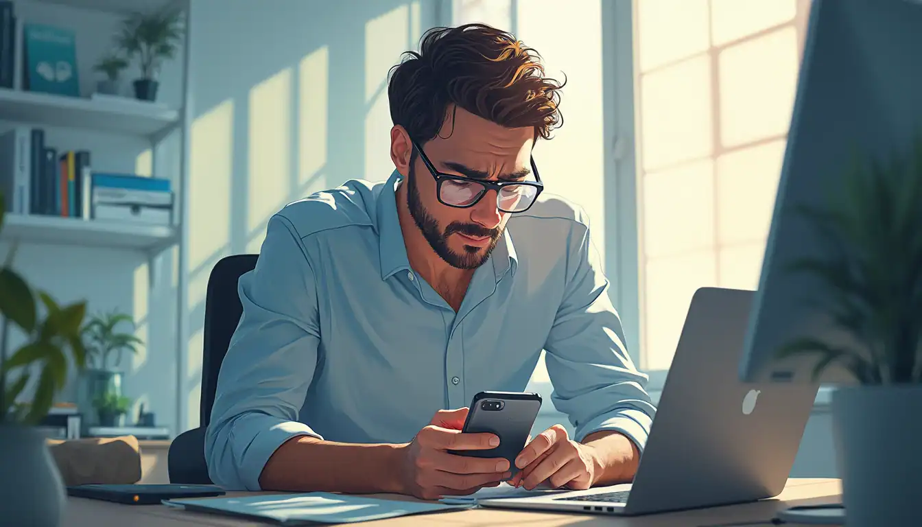 A person wearing glasses and a light blue button-down shirt works at a desk with a MacBook laptop, checking their phone. Sunlight streams through a window in the background, and bookshelves with plants are visible on the wall.
