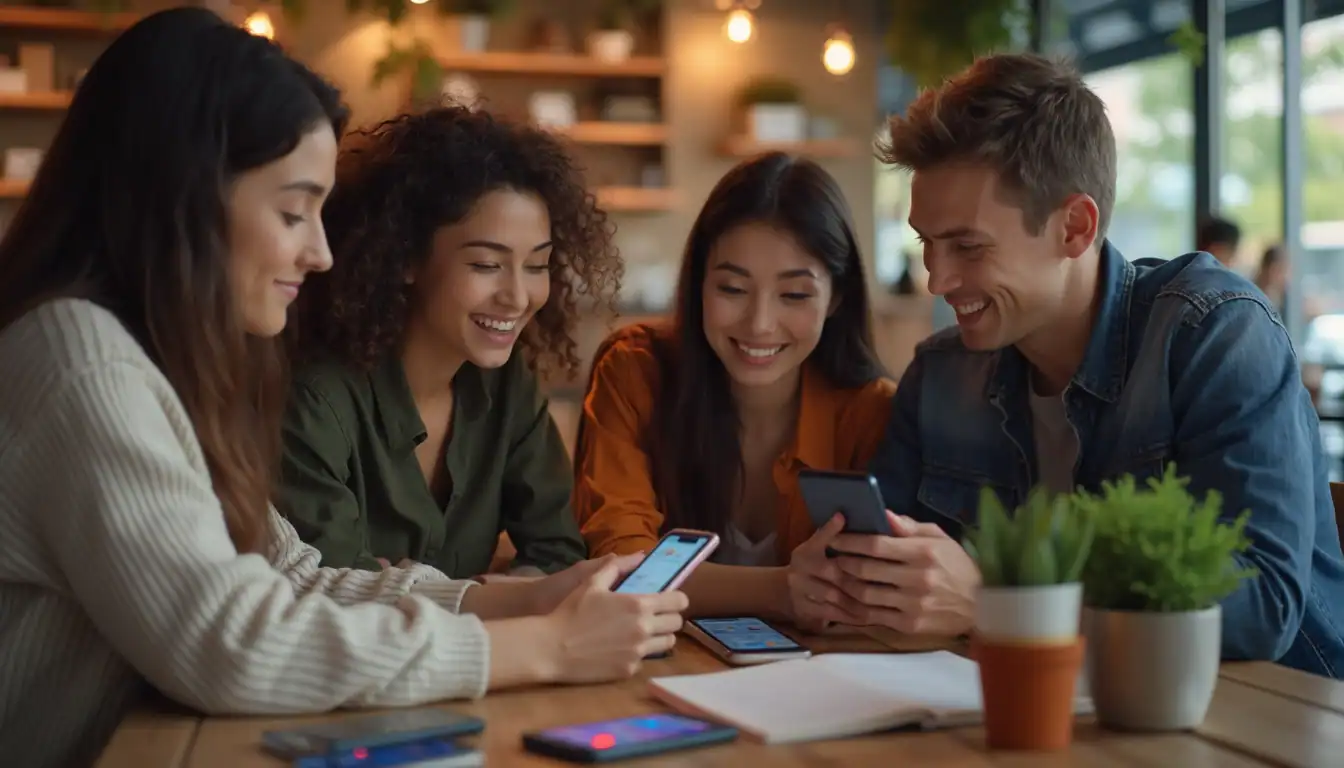A diverse group of young people sitting together at a cafe table, smiling while looking at their smartphones. Small plants and a coffee cup decorate the wooden table in the warmly lit space.