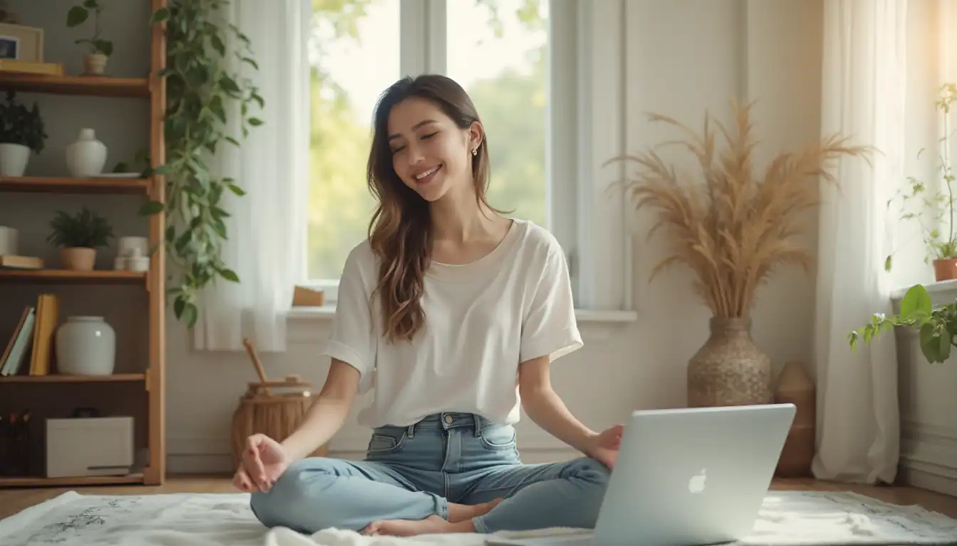 A person sits cross-legged on a floor rug in a bright, plant-filled room, wearing a white t-shirt and blue jeans. A MacBook laptop is nearby, and the room features wooden shelving with plants and decorative items. The space has a peaceful, minimalist aesthetic with natural lighting from windows.