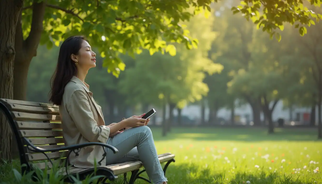 A person sits mindfully on a park bench, eyes closed, holding a mobile phone. They wear a beige jacket and jeans against a serene backdrop of green trees and a sunlit lawn with scattered flowers.